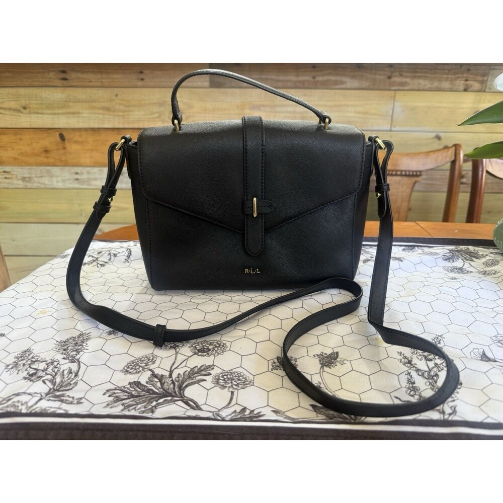 Lauren Ralph Lauren Raquel Medium Bag Black With Gold Hardware Leather